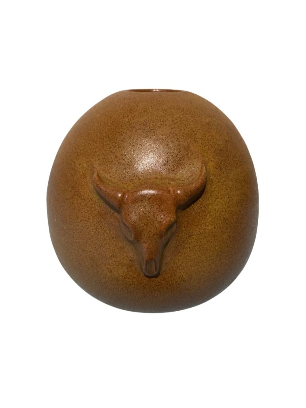 Pottery Brown Round Bud Vase With Embossed Bull Cow Steer Skull